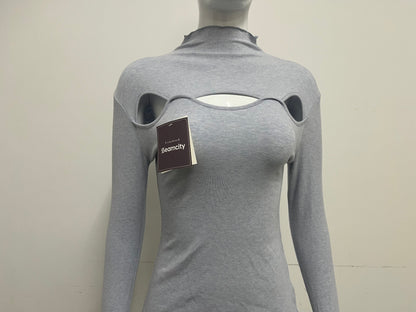 [Seamcity Long sleeve pullovers]-Light Gray Cutout Mock Neck Knit Top - Sexy Slim-Fit Long Sleeve Base Layer
