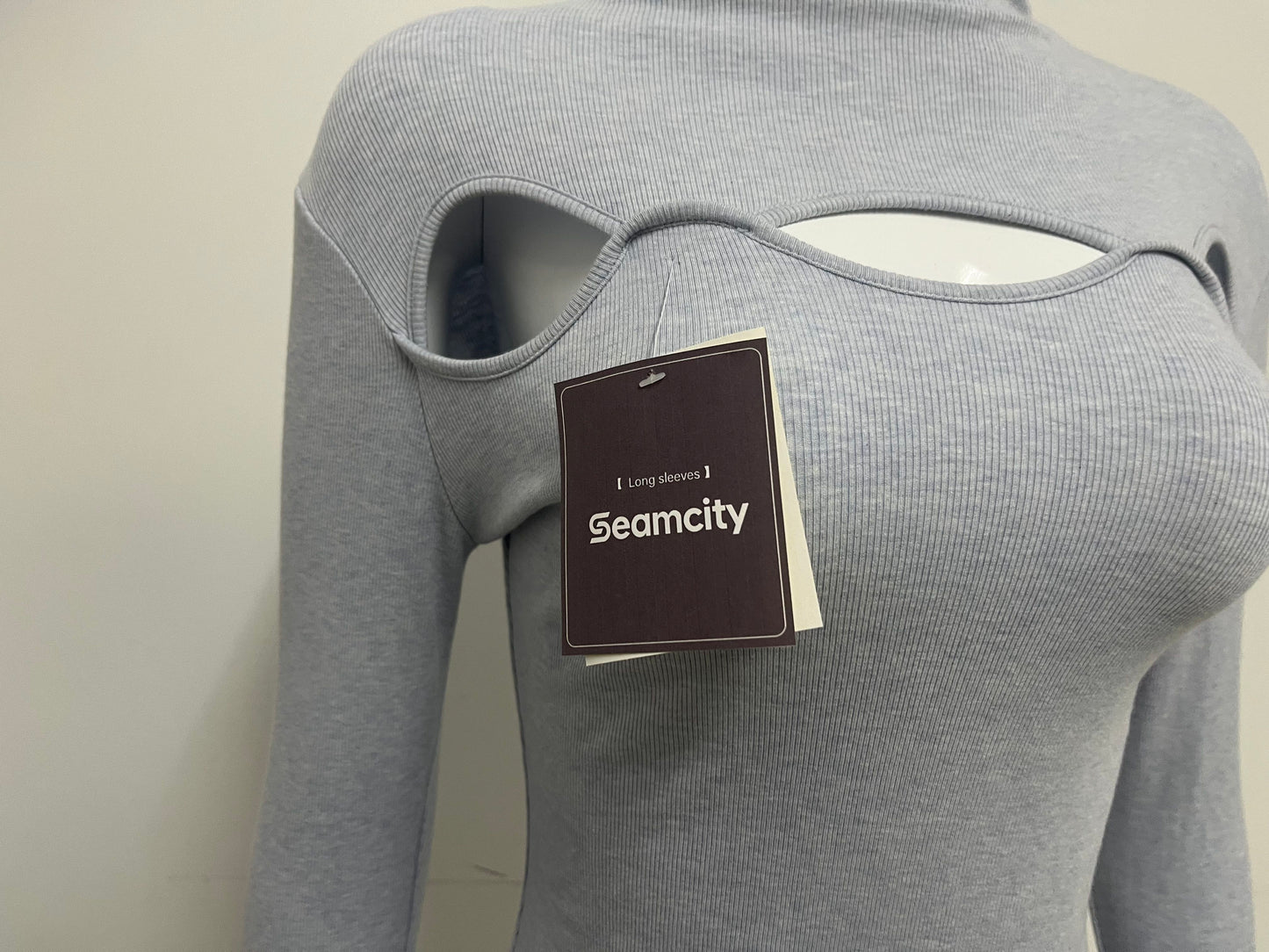 [Seamcity Long sleeve pullovers]-Light Gray Cutout Mock Neck Knit Top - Sexy Slim-Fit Long Sleeve Base Layer