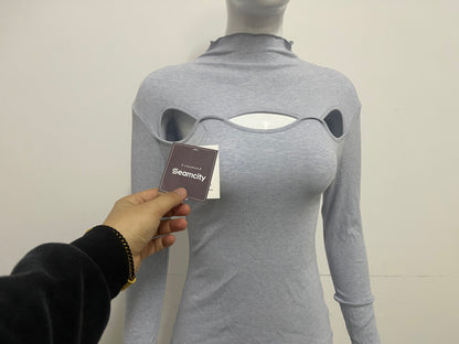 [Seamcity Long sleeve pullovers]-Light Gray Cutout Mock Neck Knit Top - Sexy Slim-Fit Long Sleeve Base Layer