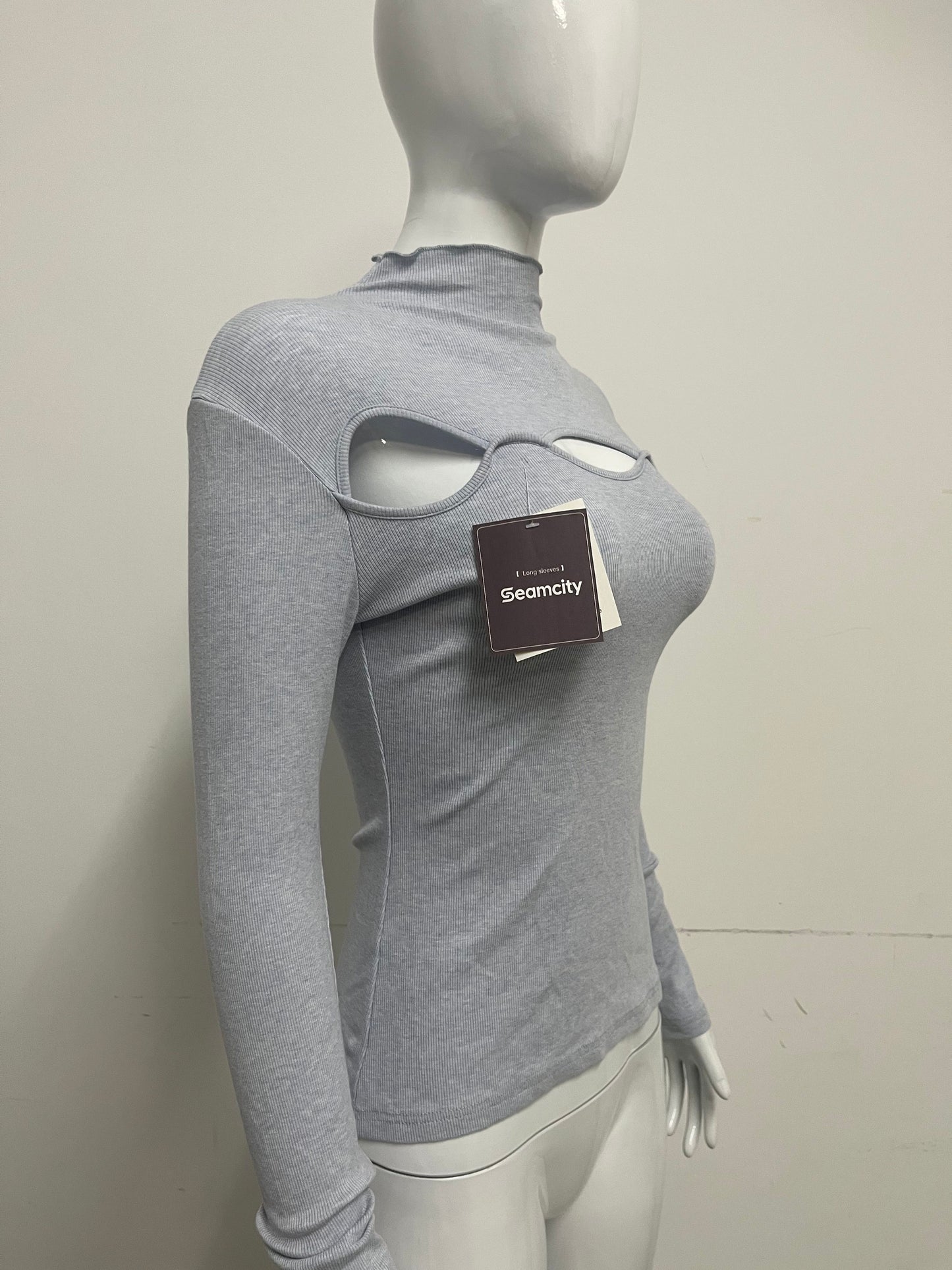 [Seamcity Long sleeve pullovers]-Light Gray Cutout Mock Neck Knit Top - Sexy Slim-Fit Long Sleeve Base Layer