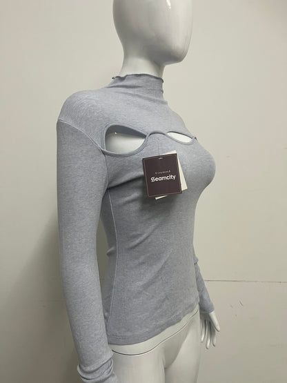 [Seamcity Long sleeve pullovers]-Light Gray Cutout Mock Neck Knit Top - Sexy Slim-Fit Long Sleeve Base Layer
