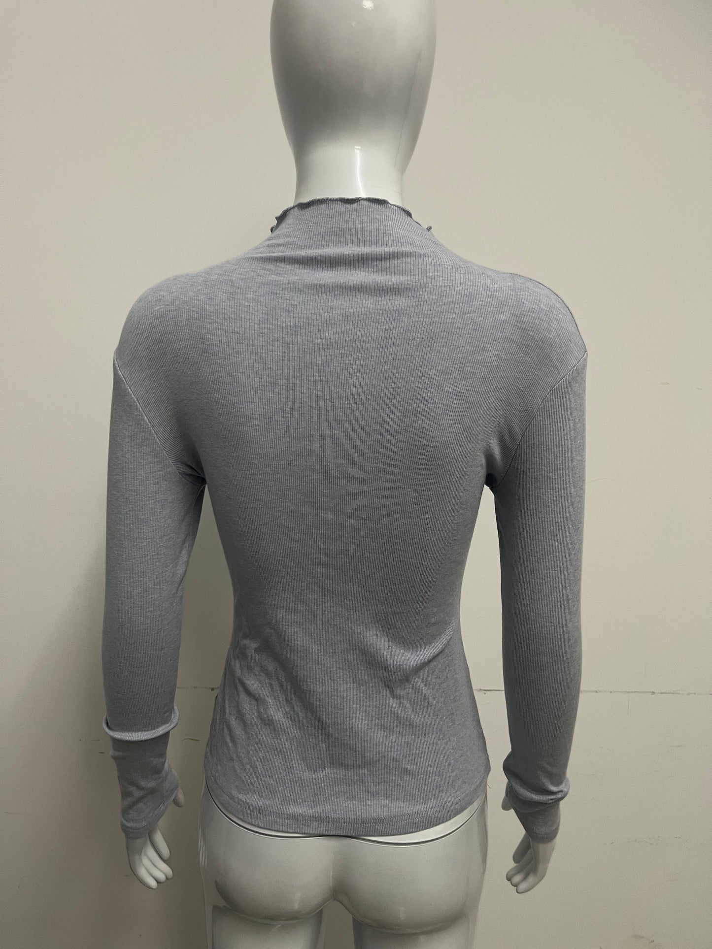 [Seamcity Long sleeve pullovers]-Light Gray Cutout Mock Neck Knit Top - Sexy Slim-Fit Long Sleeve Base Layer