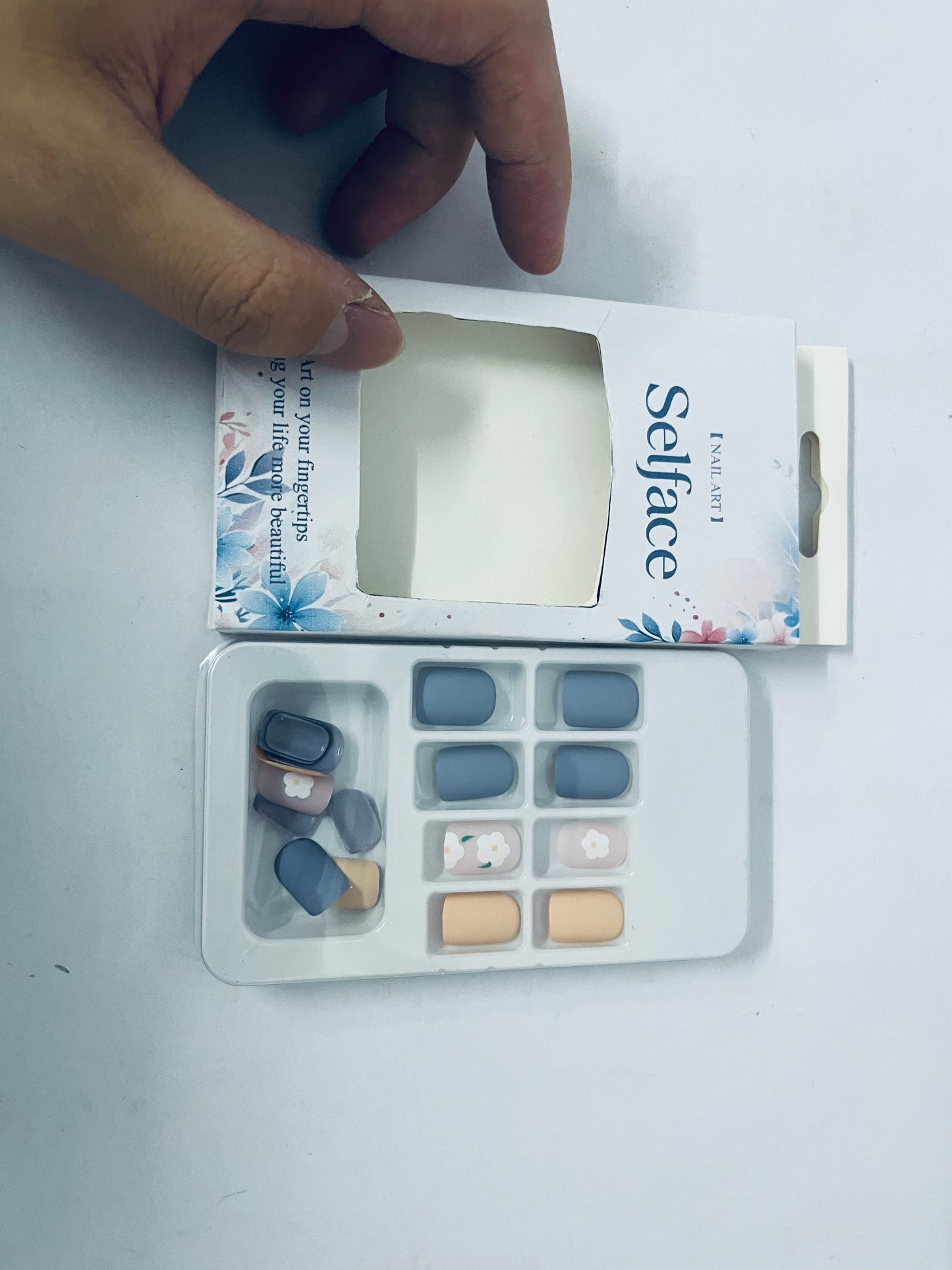 Selface False nails 24Pcs Matte False Nails with Design Short Medium Color Mashup Full Cover Fake Nails with Glue Sticker Acrylic Artificial Clip on Nails for Women and Girls (Blue)