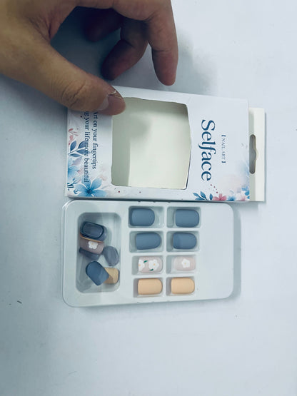 Selface False nails 24Pcs Matte False Nails with Design Short Medium Color Mashup Full Cover Fake Nails with Glue Sticker Acrylic Artificial Clip on Nails for Women and Girls (Blue)