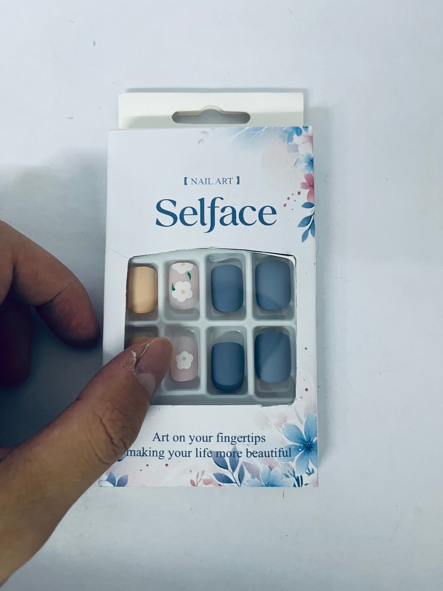 Selface False nails 24Pcs Matte False Nails with Design Short Medium Color Mashup Full Cover Fake Nails with Glue Sticker Acrylic Artificial Clip on Nails for Women and Girls (Blue)