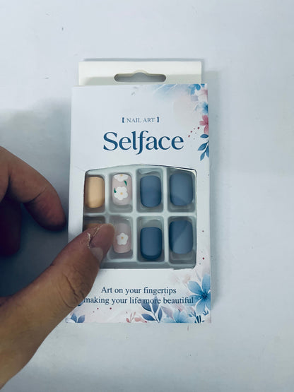 Selface False nails 24Pcs Matte False Nails with Design Short Medium Color Mashup Full Cover Fake Nails with Glue Sticker Acrylic Artificial Clip on Nails for Women and Girls (Blue)