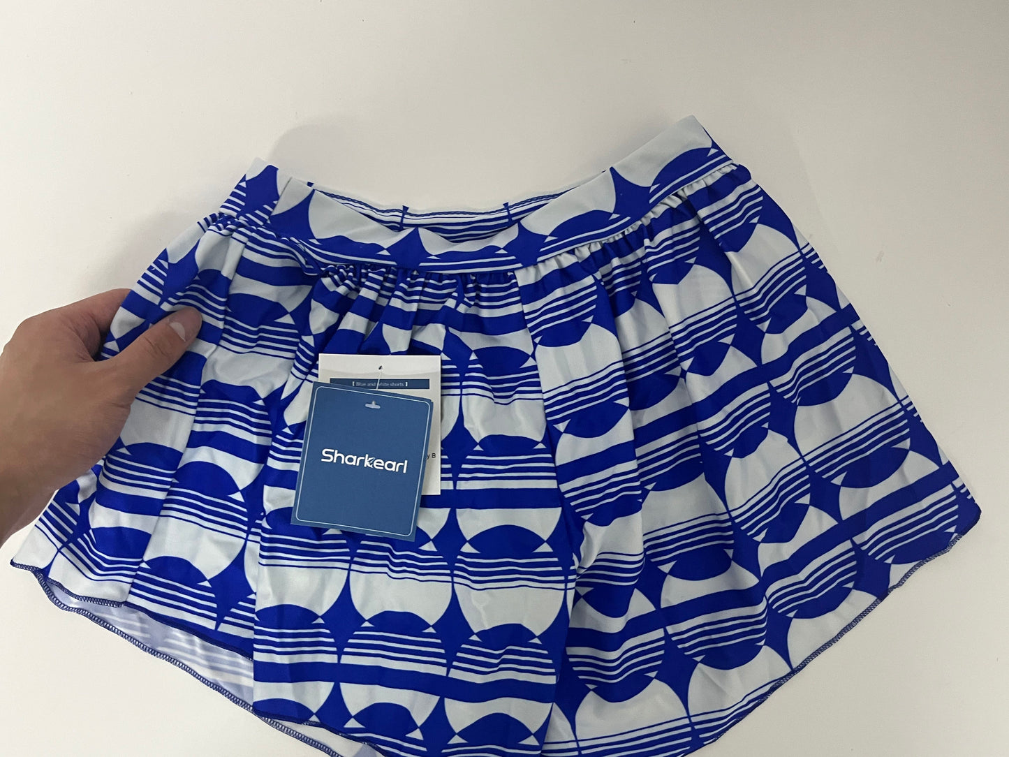 [Sharkearl Swimsuits]——Sharkearl Blue & White Geometric Print Swim Skirt - High-Waisted Tummy Control Beach Skort