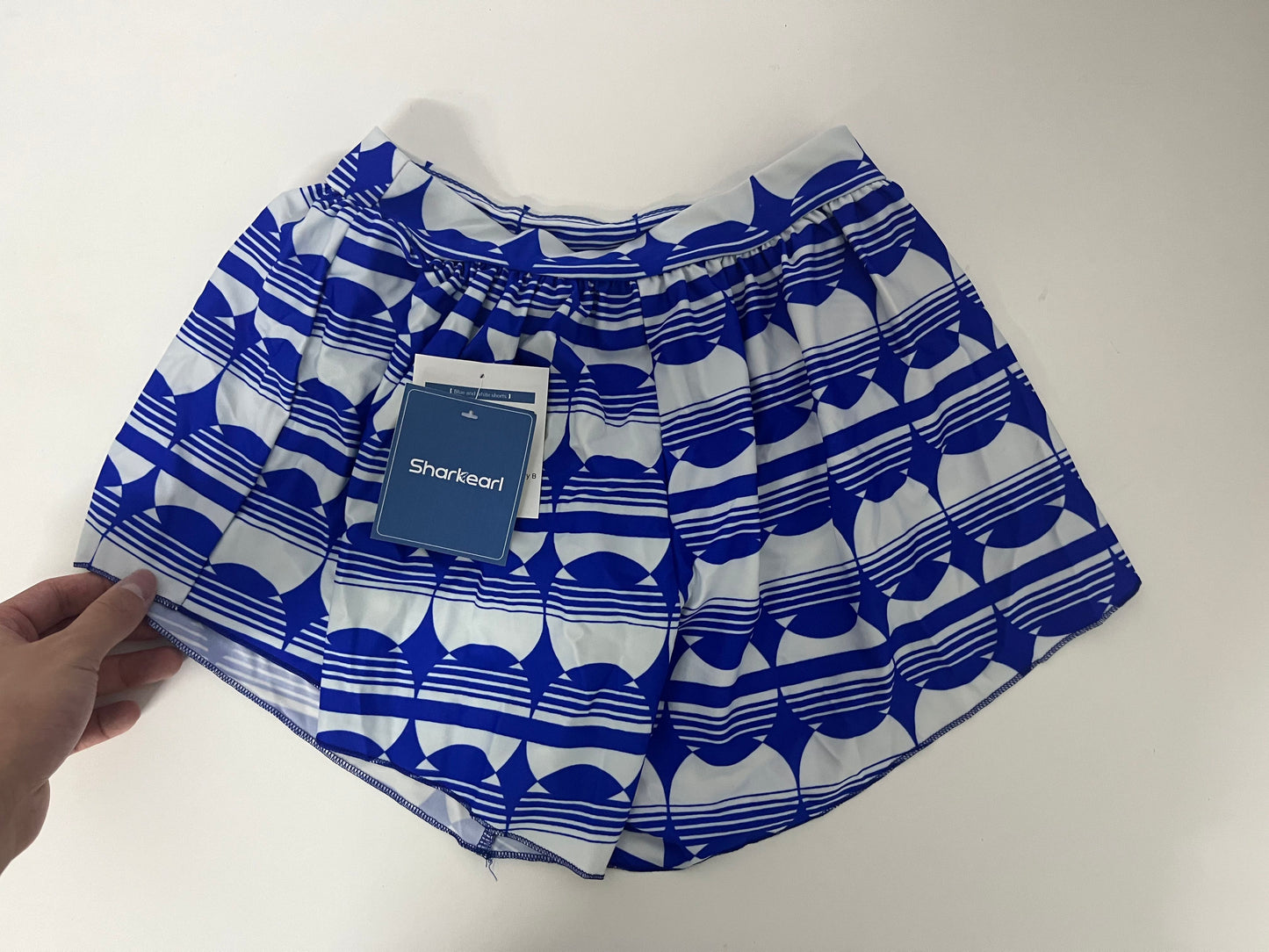 [Sharkearl Swimsuits]——Sharkearl Blue & White Geometric Print Swim Skirt - High-Waisted Tummy Control Beach Skort