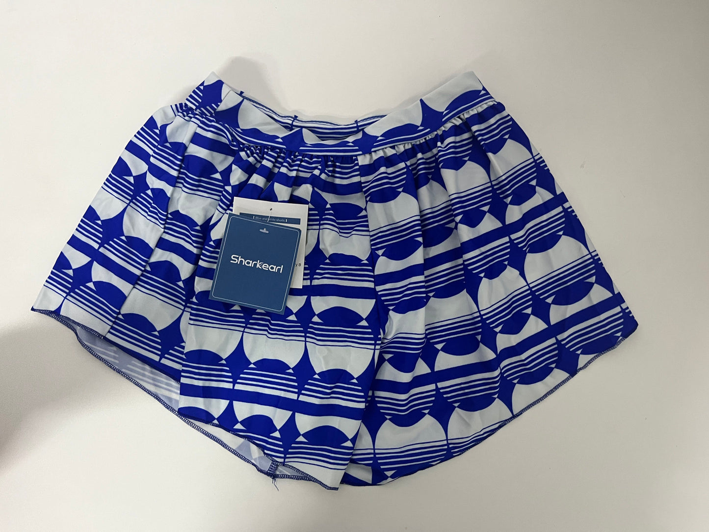 [Sharkearl Swimsuits]——Sharkearl Blue & White Geometric Print Swim Skirt - High-Waisted Tummy Control Beach Skort