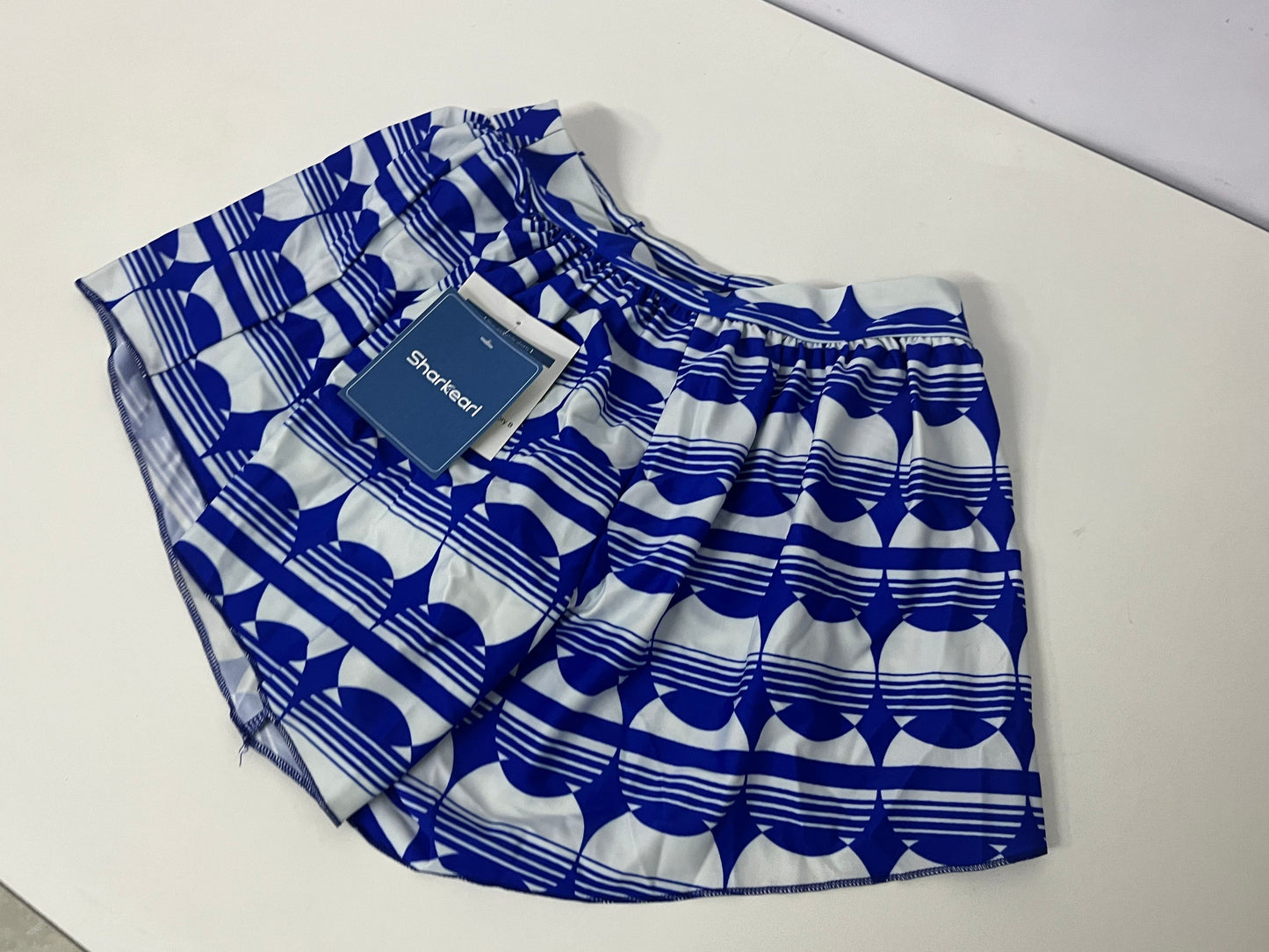 [Sharkearl Swimsuits]——Sharkearl Blue & White Geometric Print Swim Skirt - High-Waisted Tummy Control Beach Skort