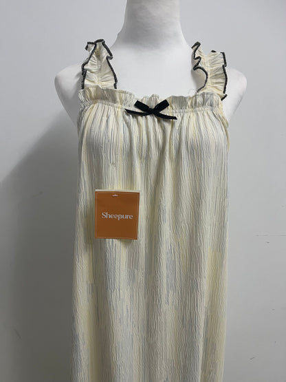 [Sheepure Dresses]——Sheepure French Ruffle Strap Nightgown - Textured Striped Loungewear Dress