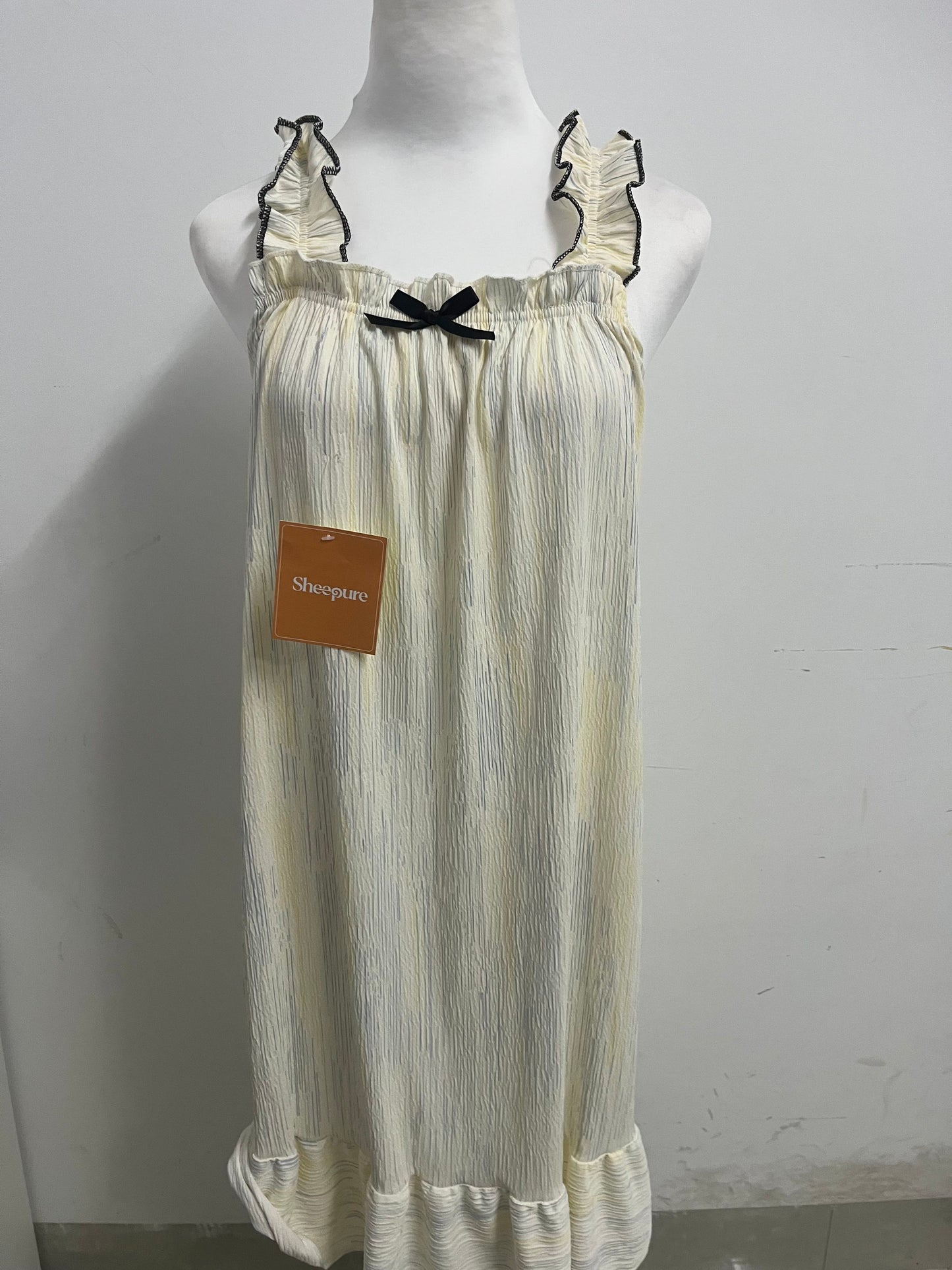 [Sheepure Dresses]——Sheepure French Ruffle Strap Nightgown - Textured Striped Loungewear Dress