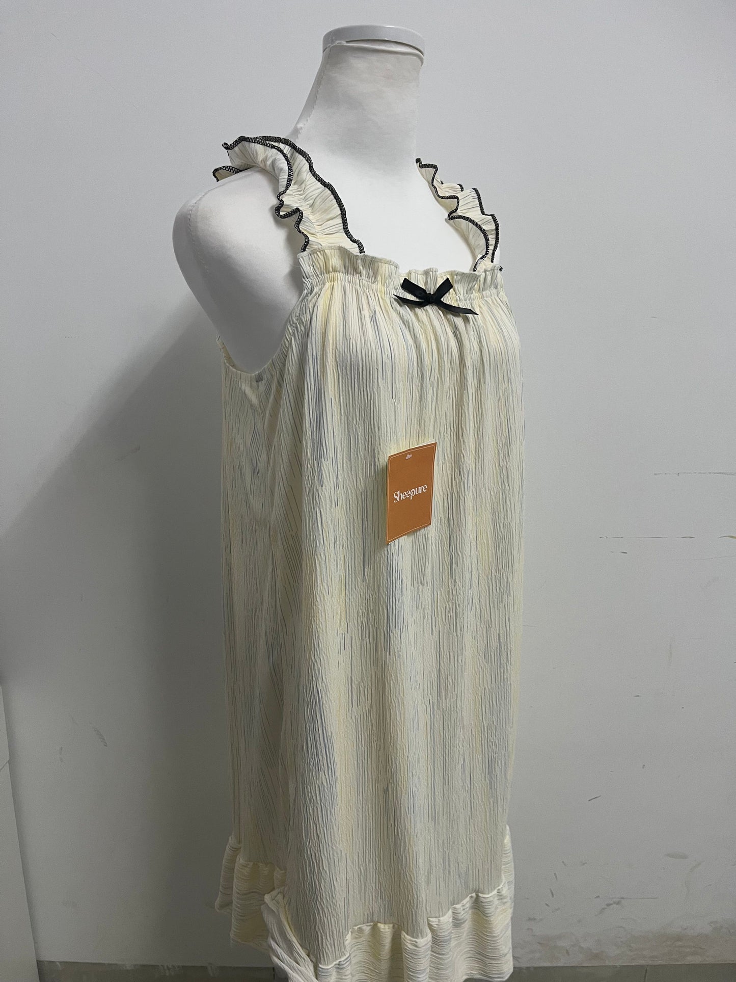 [Sheepure Dresses]——Sheepure French Ruffle Strap Nightgown - Textured Striped Loungewear Dress