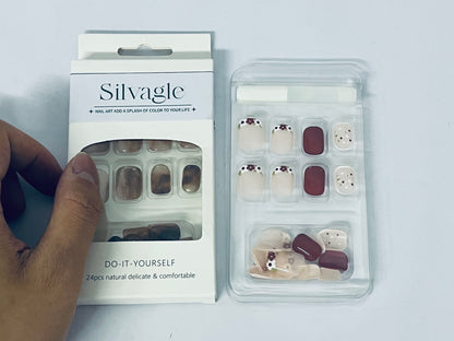 Silvagle Nails Squoval Nails , Reusable Stick On Fake Nails with Glue | Salon Quality | 8 Sizes - 24 Nail Kit