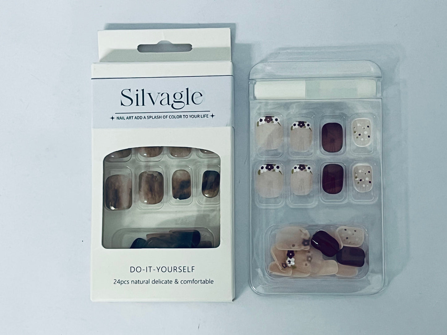 Silvagle Nails Squoval Nails , Reusable Stick On Fake Nails with Glue | Salon Quality | 8 Sizes - 24 Nail Kit