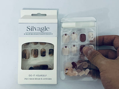 Silvagle Nails Squoval Nails , Reusable Stick On Fake Nails with Glue | Salon Quality | 8 Sizes - 24 Nail Kit