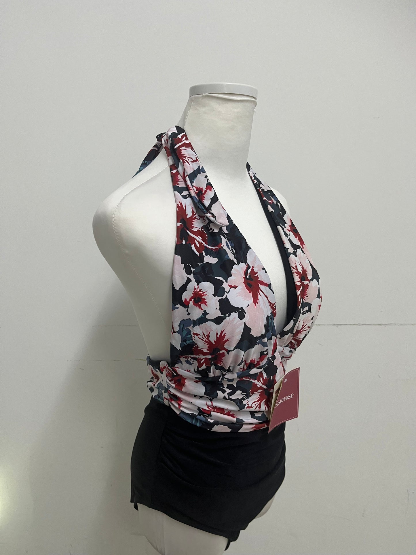Sisterose Swimsuit - Floral Halter Neck with Black Bottom for Retro-Chic Beach Style