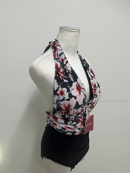 Sisterose Swimsuit - Floral Halter Neck with Black Bottom for Retro-Chic Beach Style