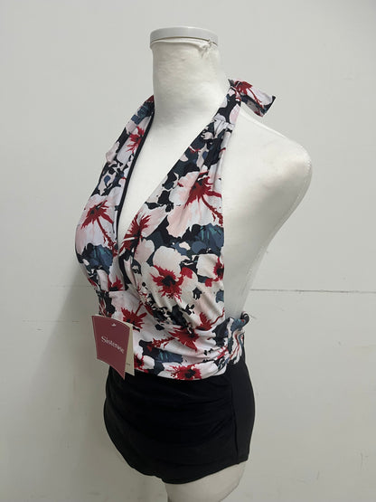 Sisterose Swimsuit - Floral Halter Neck with Black Bottom for Retro-Chic Beach Style