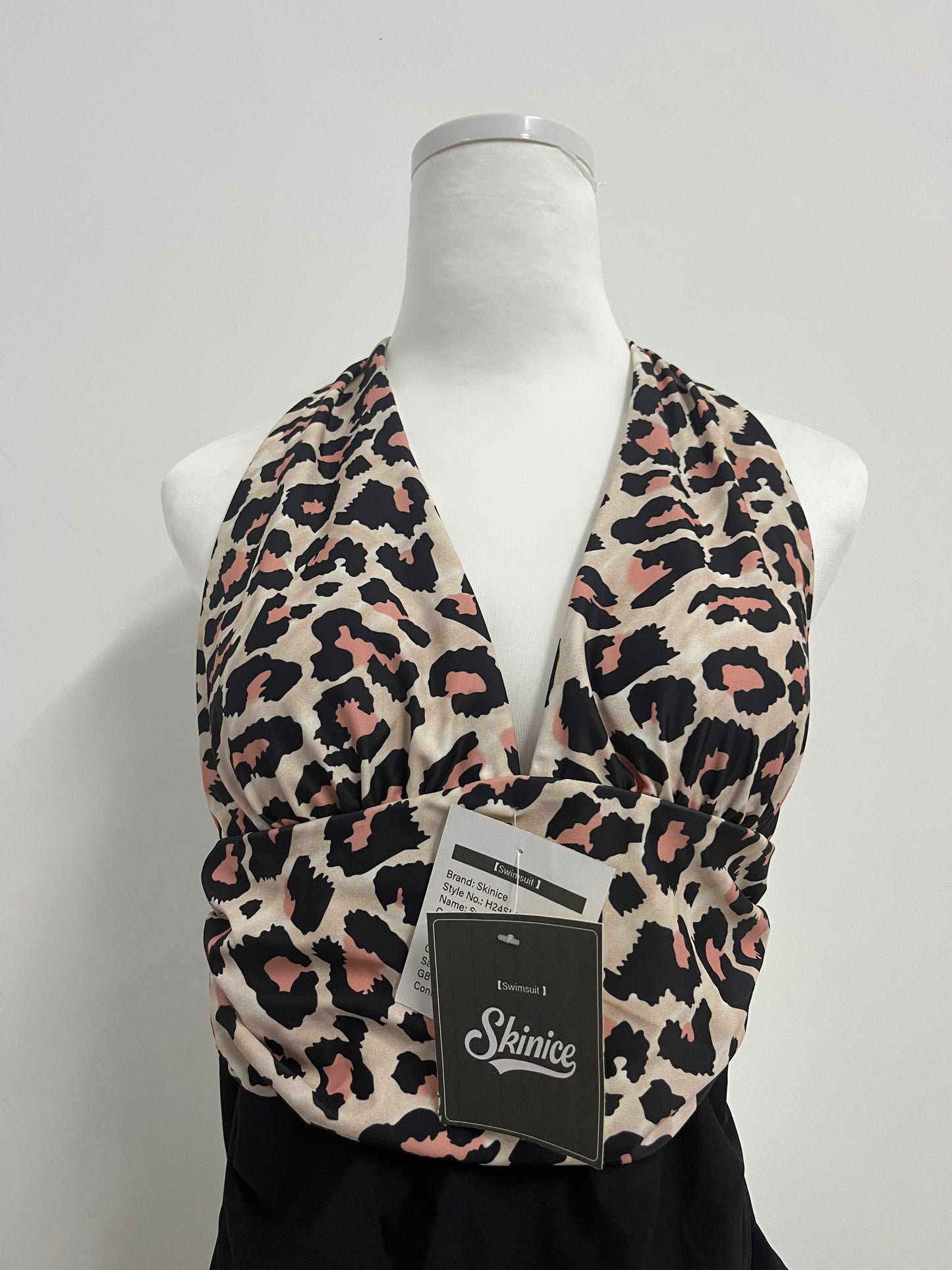 Skinice Women's Halter Neck One Piece Swimsuit - Leopard Print Tummy Control Bathing Suit with Ruched Detail