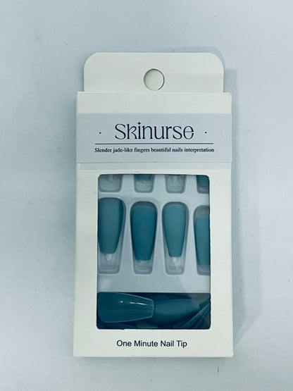 Skinurse Blue Press On Nails Medium Long Square, Skinurse Medium Coffin Nails Acrylic Press ons Glue on Nails Long Length, Solid Color Fake Nail for Women, Natural Thick Artificial Nail Stick on