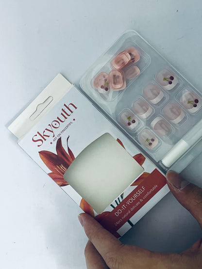 Skyouth Cute Cherry Press on Nails Short Fake Nails Almond False Nails with Designs Nude Pink Acrylic Nails Glue on Nails Holiday DIY Nail Art for Women Girls 24Pcs Stick on Nails