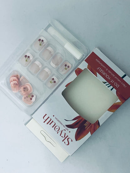 Skyouth Cute Cherry Press on Nails Short Fake Nails Almond False Nails with Designs Nude Pink Acrylic Nails Glue on Nails Holiday DIY Nail Art for Women Girls 24Pcs Stick on Nails