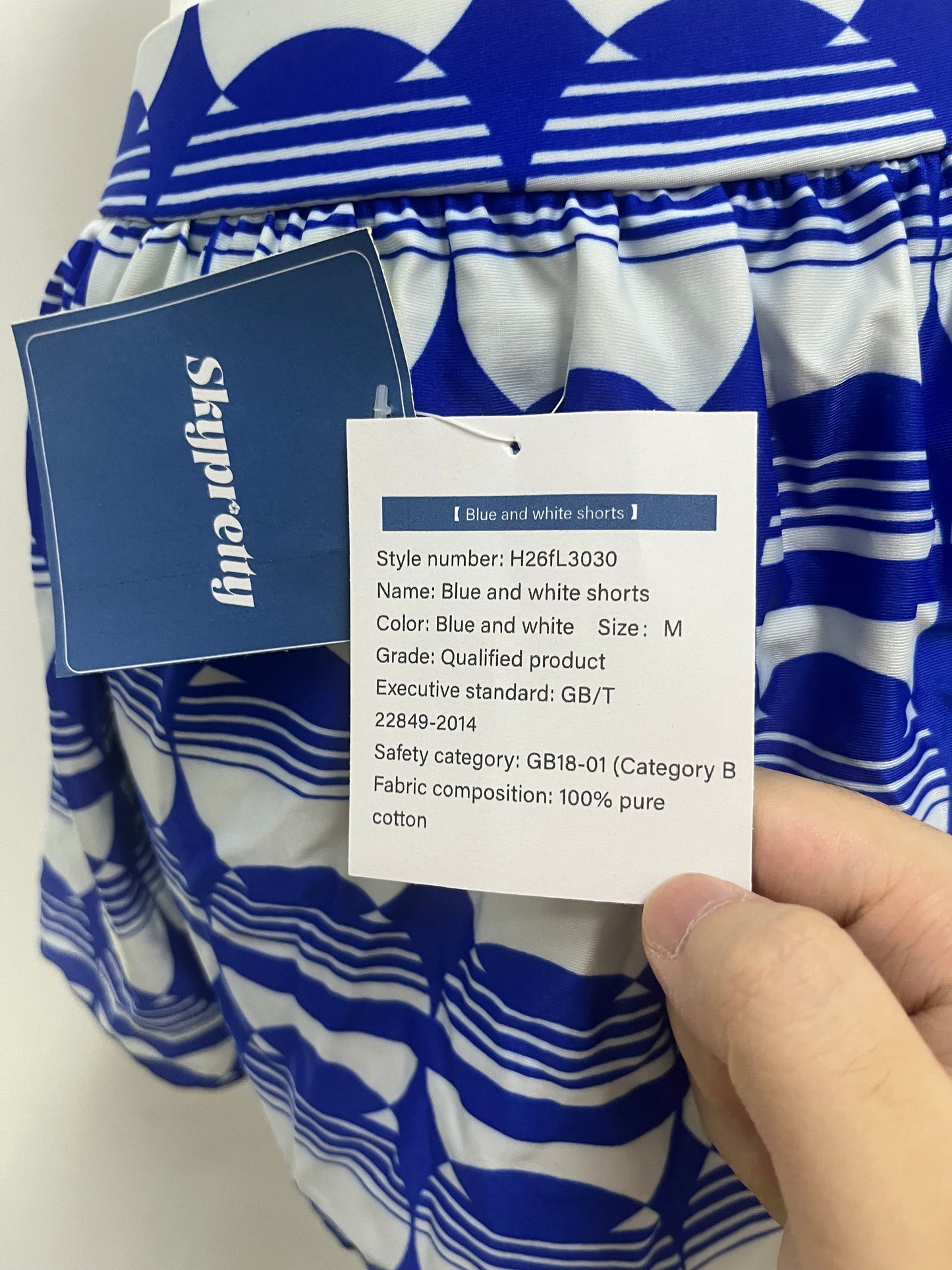 Skypretty Pants - Blue and White Geometric Print 100% Cotton for Casual Comfort