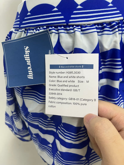 Skypretty Pants - Blue and White Geometric Print 100% Cotton for Casual Comfort