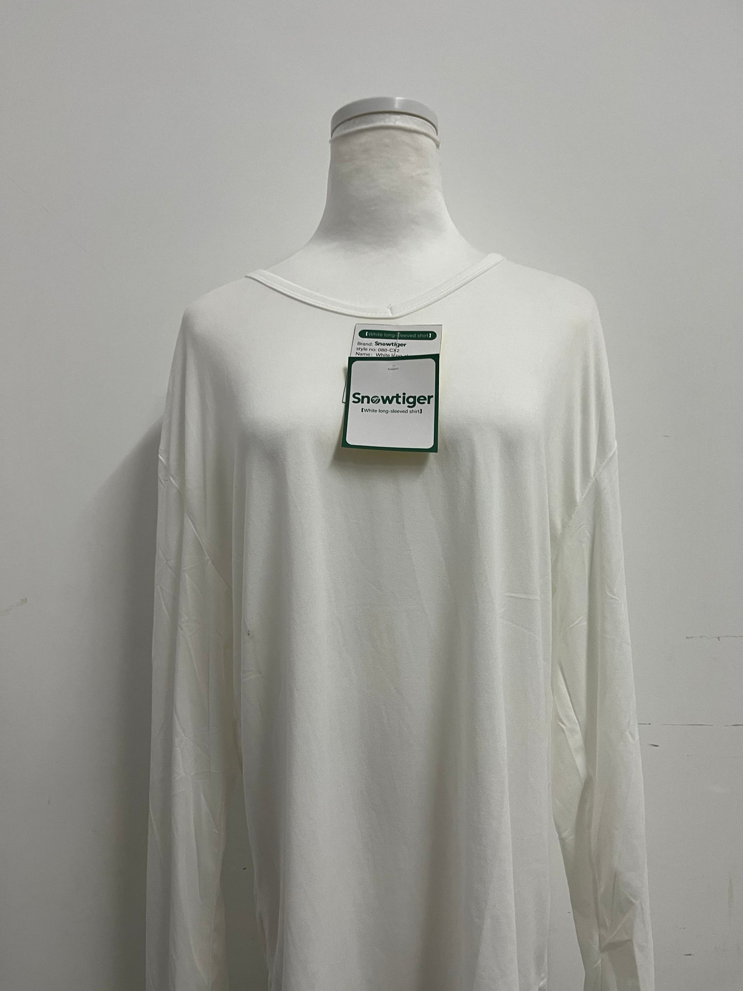Snowtiger  Tops as clothing- White Oversized Long-Sleeve V-Neck Shirt