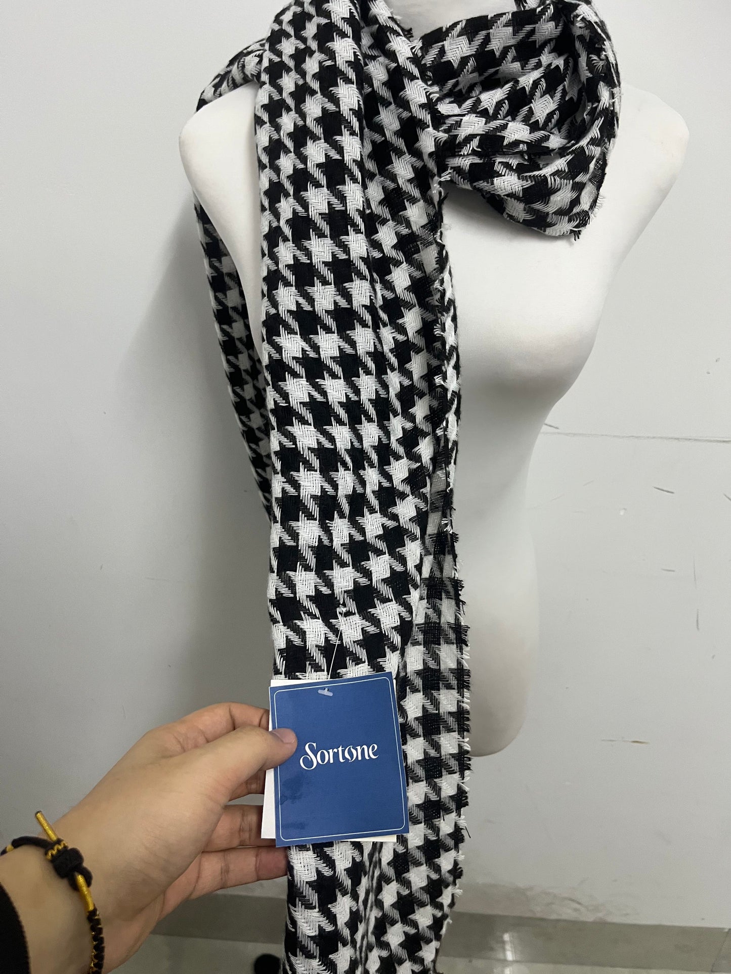 [Sortone Scarfs]-Black & White Houndstooth Fringe Scarf - Classic Retro Imitation Cashmere Shawl