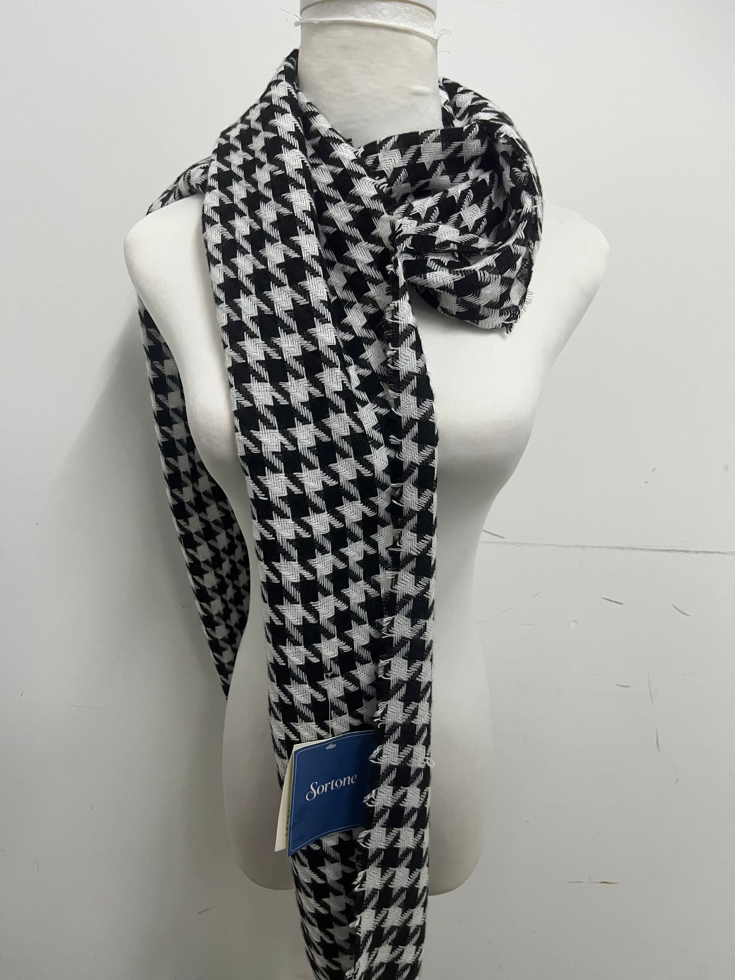 [Sortone Scarfs]-Black & White Houndstooth Fringe Scarf - Classic Retro Imitation Cashmere Shawl
