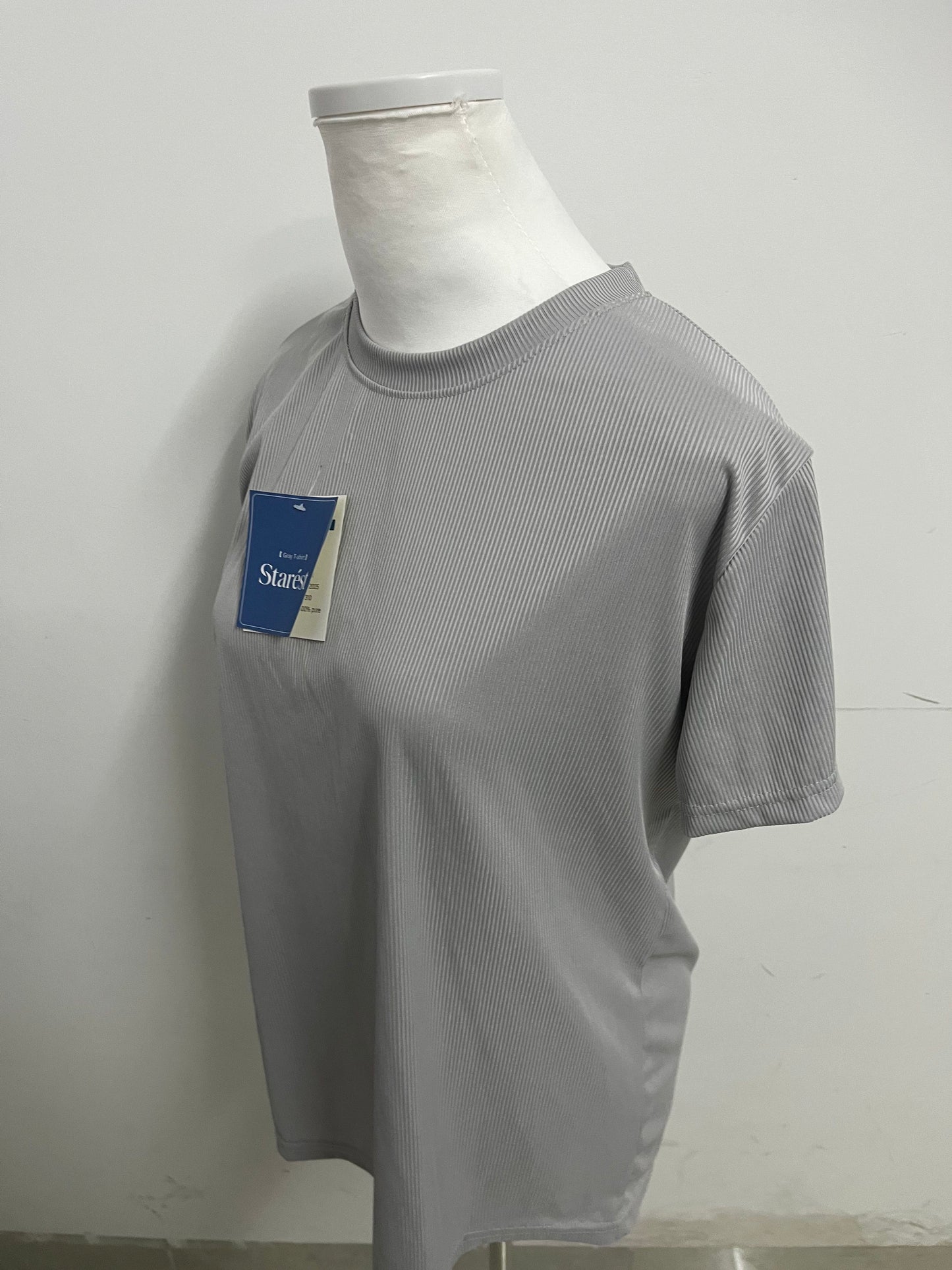 Starest Gray 100% Cotton T-Shirt, Crew Neck Ribbed Texture, Comfortable & Versatile Casual Daily Top