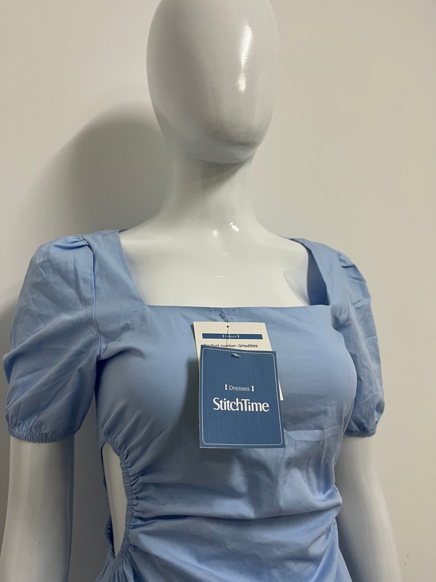 [StitchTime Dresses]- Light Blue Square Neck Puff Sleeve Dress - French Side-Cutout Waist-Cinching Flattering Dress