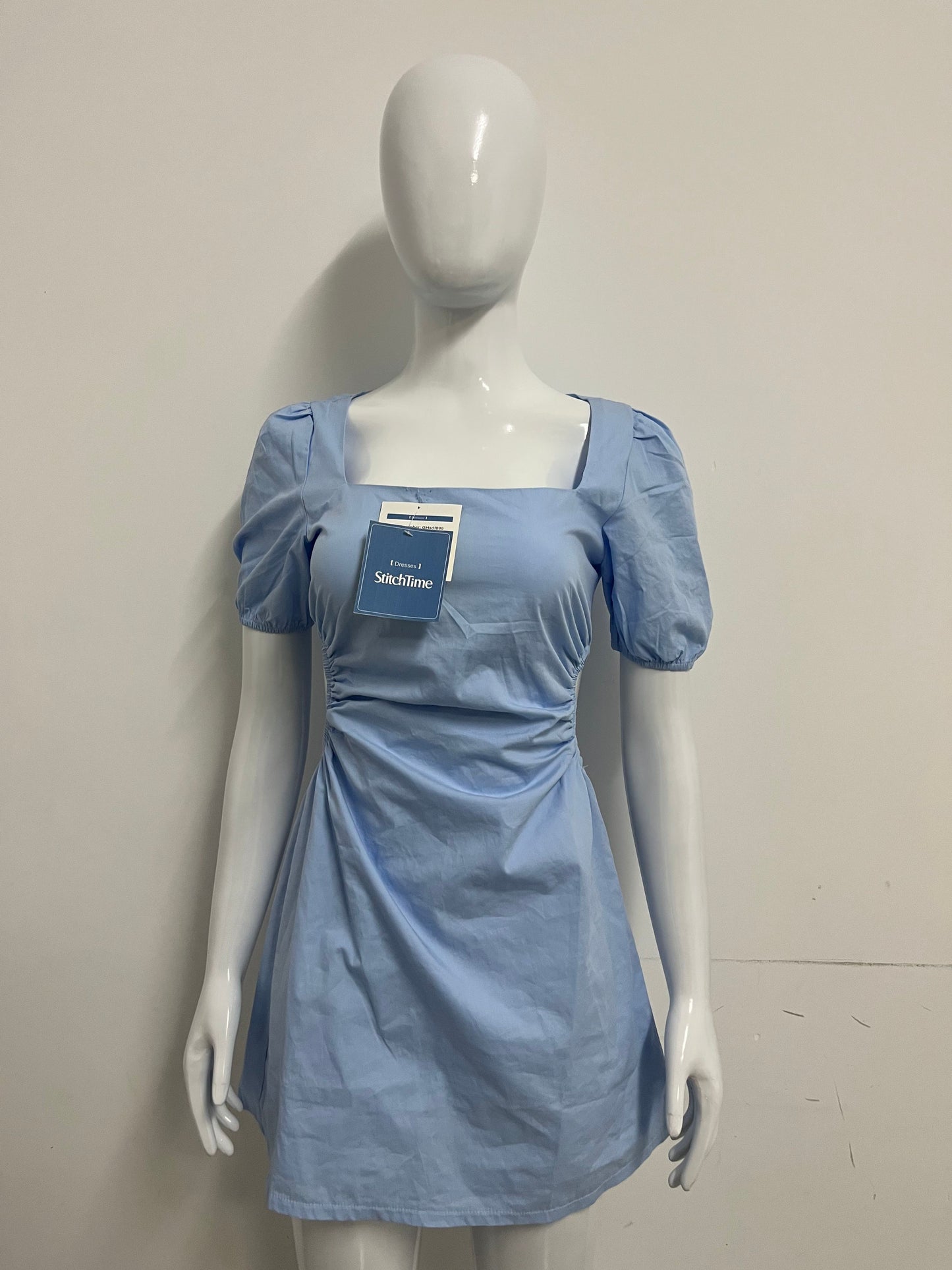 [StitchTime Dresses]- Light Blue Square Neck Puff Sleeve Dress - French Side-Cutout Waist-Cinching Flattering Dress