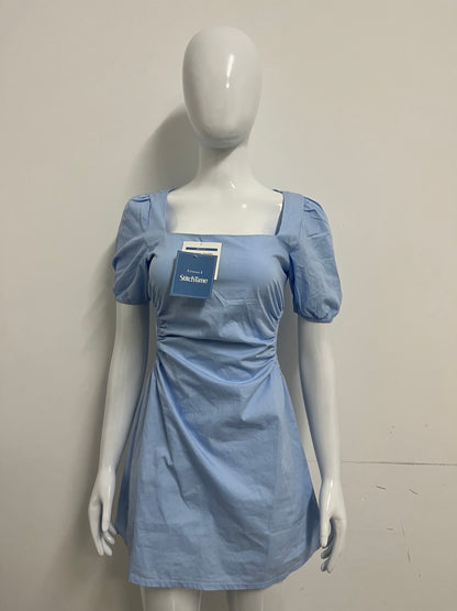 [StitchTime Dresses]- Light Blue Square Neck Puff Sleeve Dress - French Side-Cutout Waist-Cinching Flattering Dress
