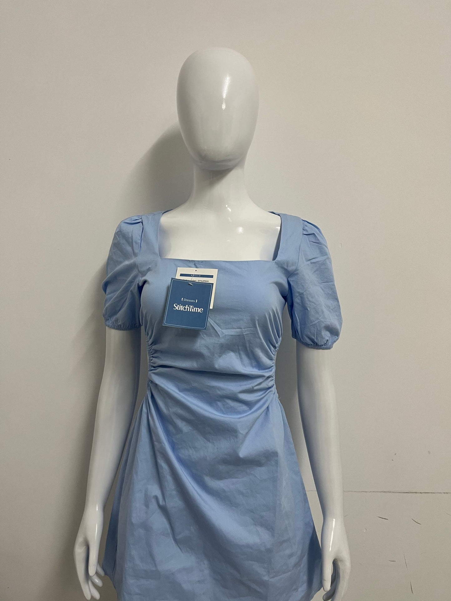 [StitchTime Dresses]- Light Blue Square Neck Puff Sleeve Dress - French Side-Cutout Waist-Cinching Flattering Dress