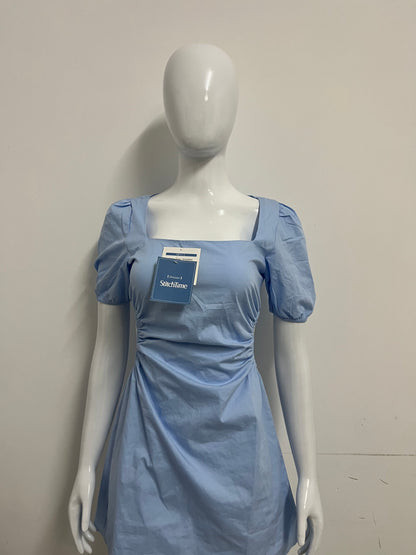 [StitchTime Dresses]- Light Blue Square Neck Puff Sleeve Dress - French Side-Cutout Waist-Cinching Flattering Dress