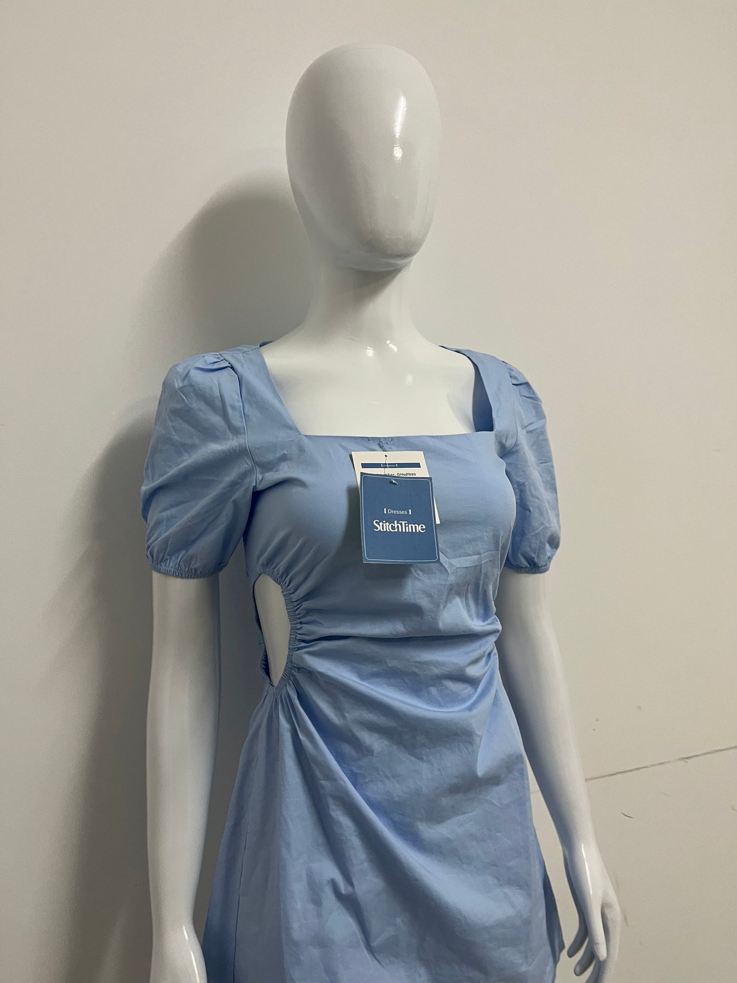 [StitchTime Dresses]- Light Blue Square Neck Puff Sleeve Dress - French Side-Cutout Waist-Cinching Flattering Dress