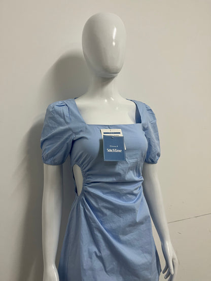 [StitchTime Dresses]- Light Blue Square Neck Puff Sleeve Dress - French Side-Cutout Waist-Cinching Flattering Dress