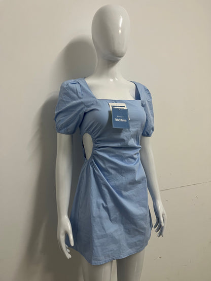[StitchTime Dresses]- Light Blue Square Neck Puff Sleeve Dress - French Side-Cutout Waist-Cinching Flattering Dress