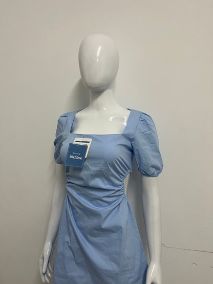 [StitchTime Dresses]- Light Blue Square Neck Puff Sleeve Dress - French Side-Cutout Waist-Cinching Flattering Dress
