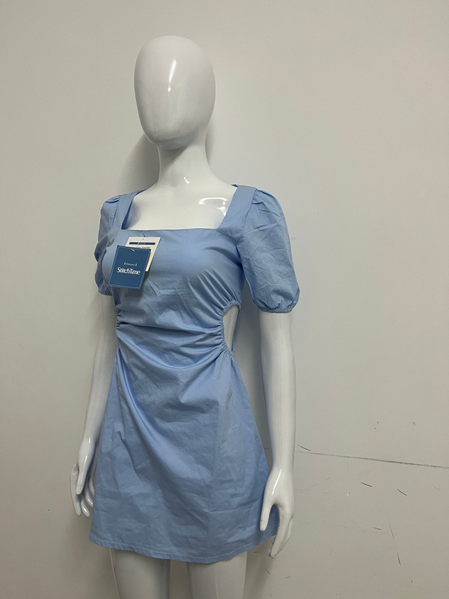 [StitchTime Dresses]- Light Blue Square Neck Puff Sleeve Dress - French Side-Cutout Waist-Cinching Flattering Dress