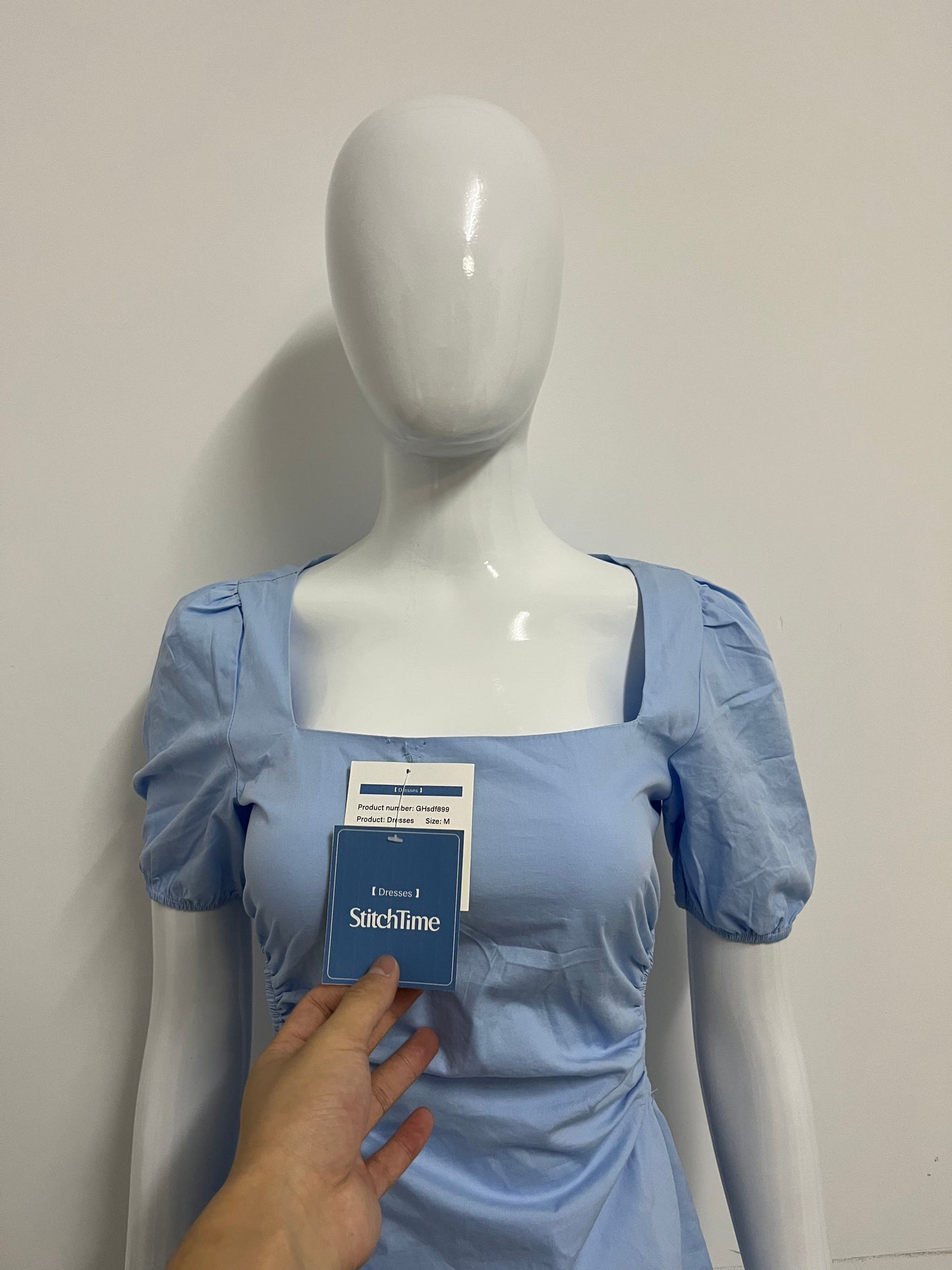 [StitchTime Dresses]- Light Blue Square Neck Puff Sleeve Dress - French Side-Cutout Waist-Cinching Flattering Dress