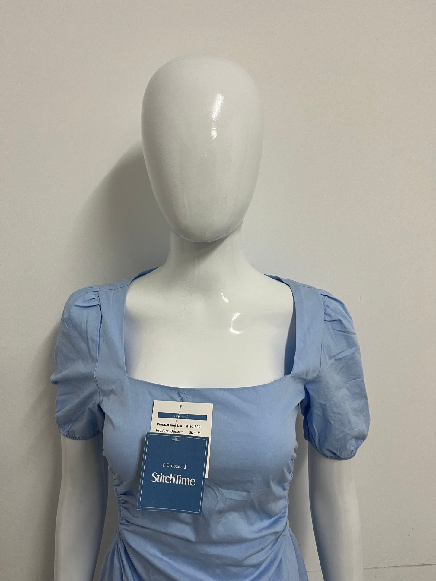 [StitchTime Dresses]- Light Blue Square Neck Puff Sleeve Dress - French Side-Cutout Waist-Cinching Flattering Dress