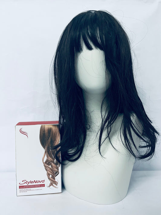 StyleNova Long Wavy Black Layered Wig with Curtain Bangs for Women,Synthetic Layered Long Wavy Wig Butterfly Haircut with Thin Hair