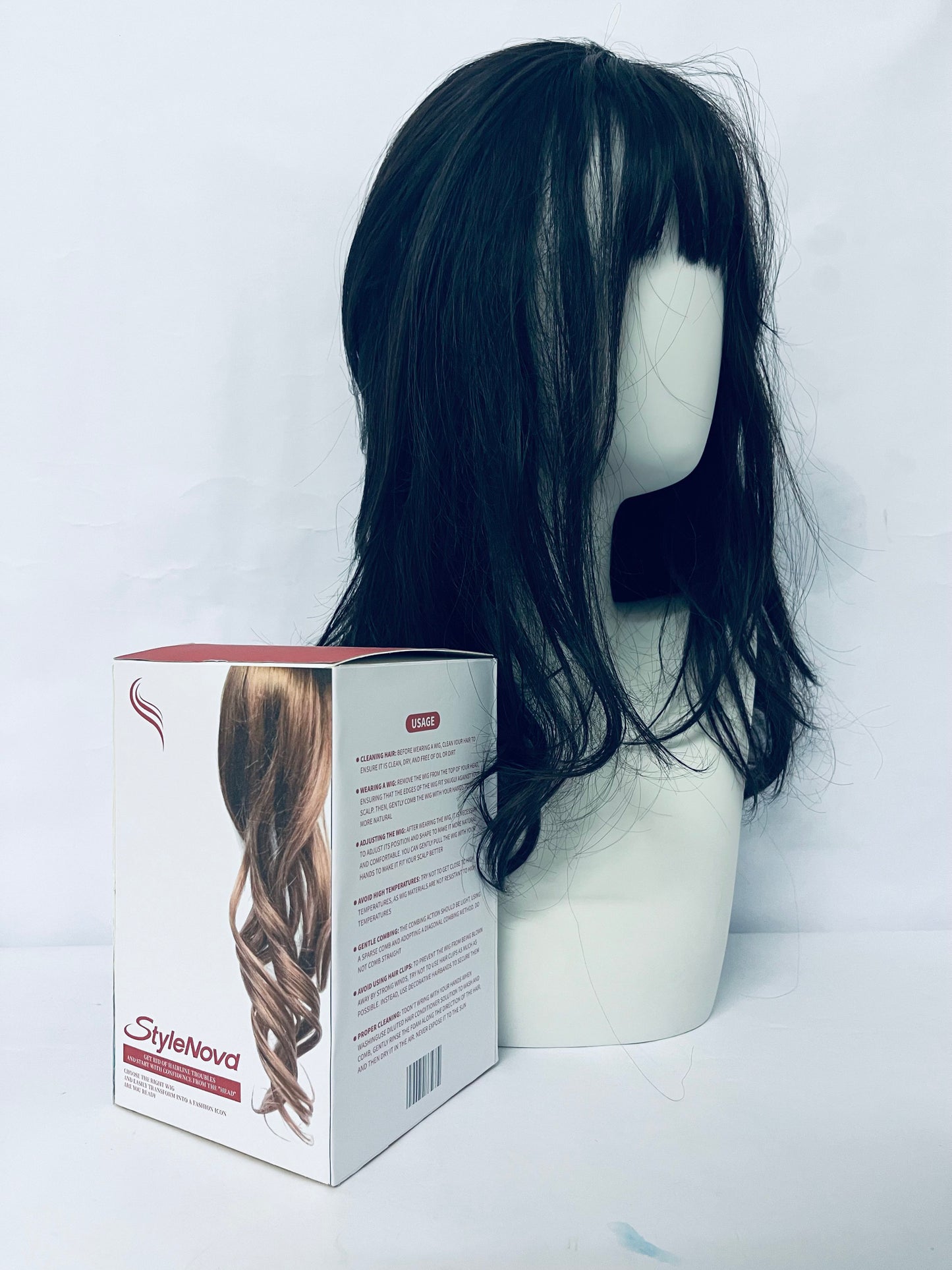 StyleNova Long Wavy Black Layered Wig with Curtain Bangs for Women,Synthetic Layered Long Wavy Wig Butterfly Haircut with Thin Hair