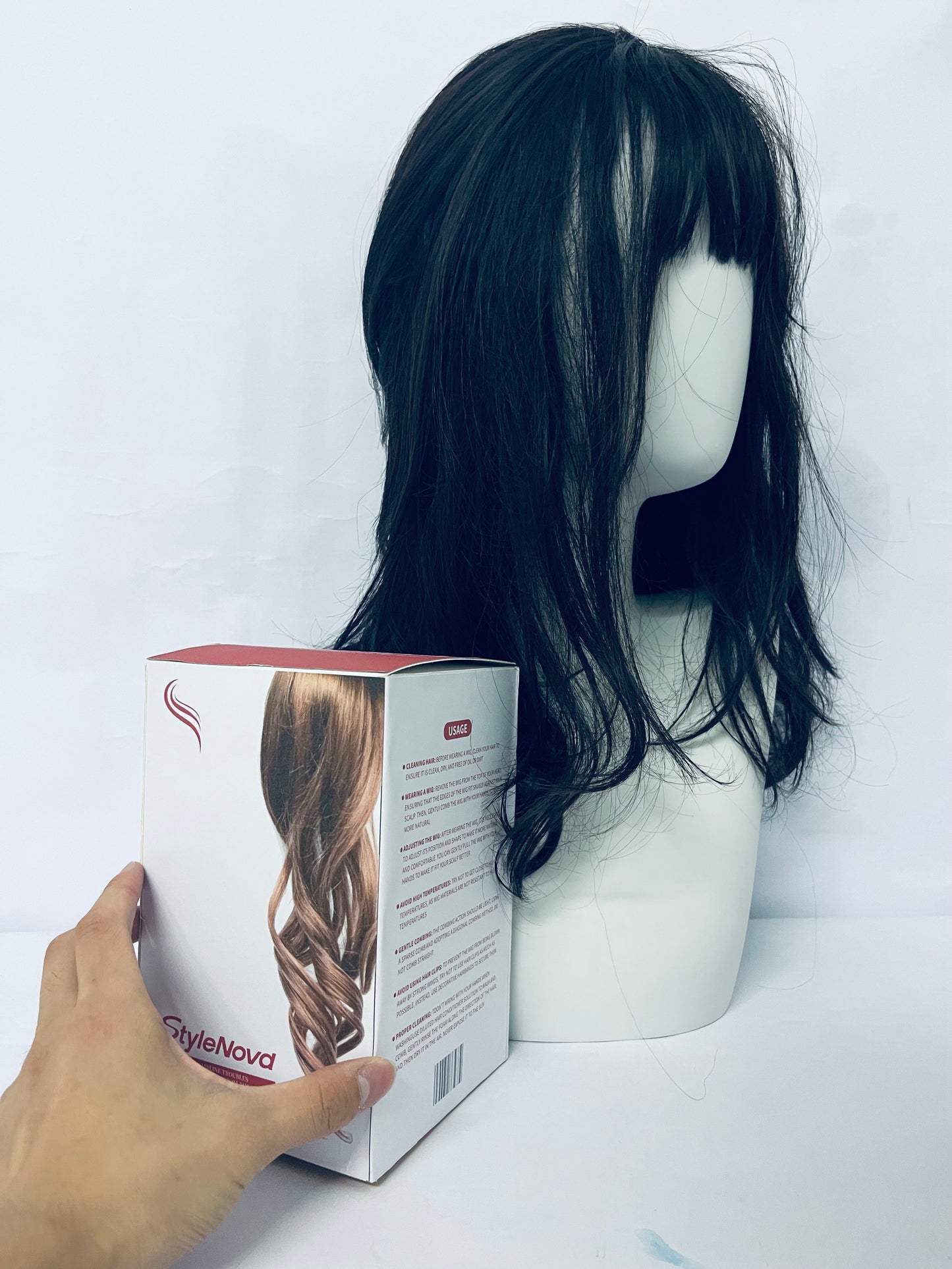 StyleNova Long Wavy Black Layered Wig with Curtain Bangs for Women,Synthetic Layered Long Wavy Wig Butterfly Haircut with Thin Hair