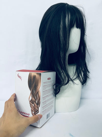 StyleNova Long Wavy Black Layered Wig with Curtain Bangs for Women,Synthetic Layered Long Wavy Wig Butterfly Haircut with Thin Hair