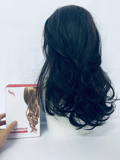 StyleNova Long Wavy Black Layered Wig with Curtain Bangs for Women,Synthetic Layered Long Wavy Wig Butterfly Haircut with Thin Hair